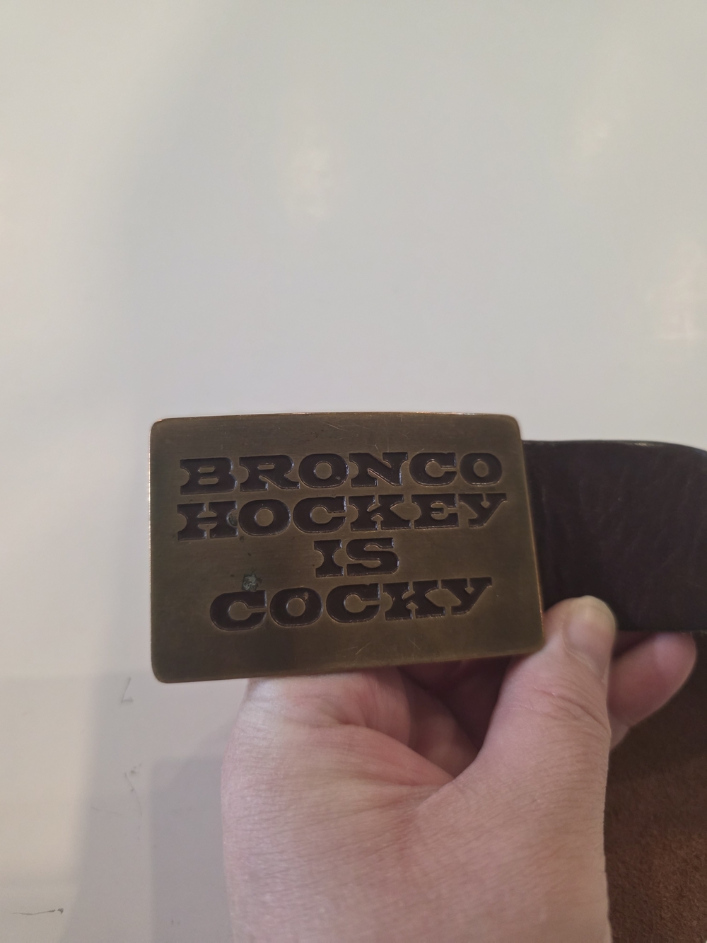 Vintage Bronco Hockey Brass Belt Buckle Leather Belt Brown Western 44”